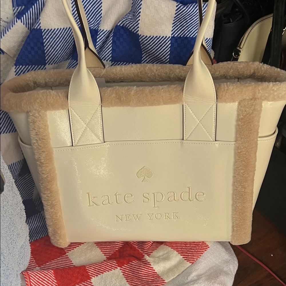 kate spade Cream Shearling-Trim Patent Tote